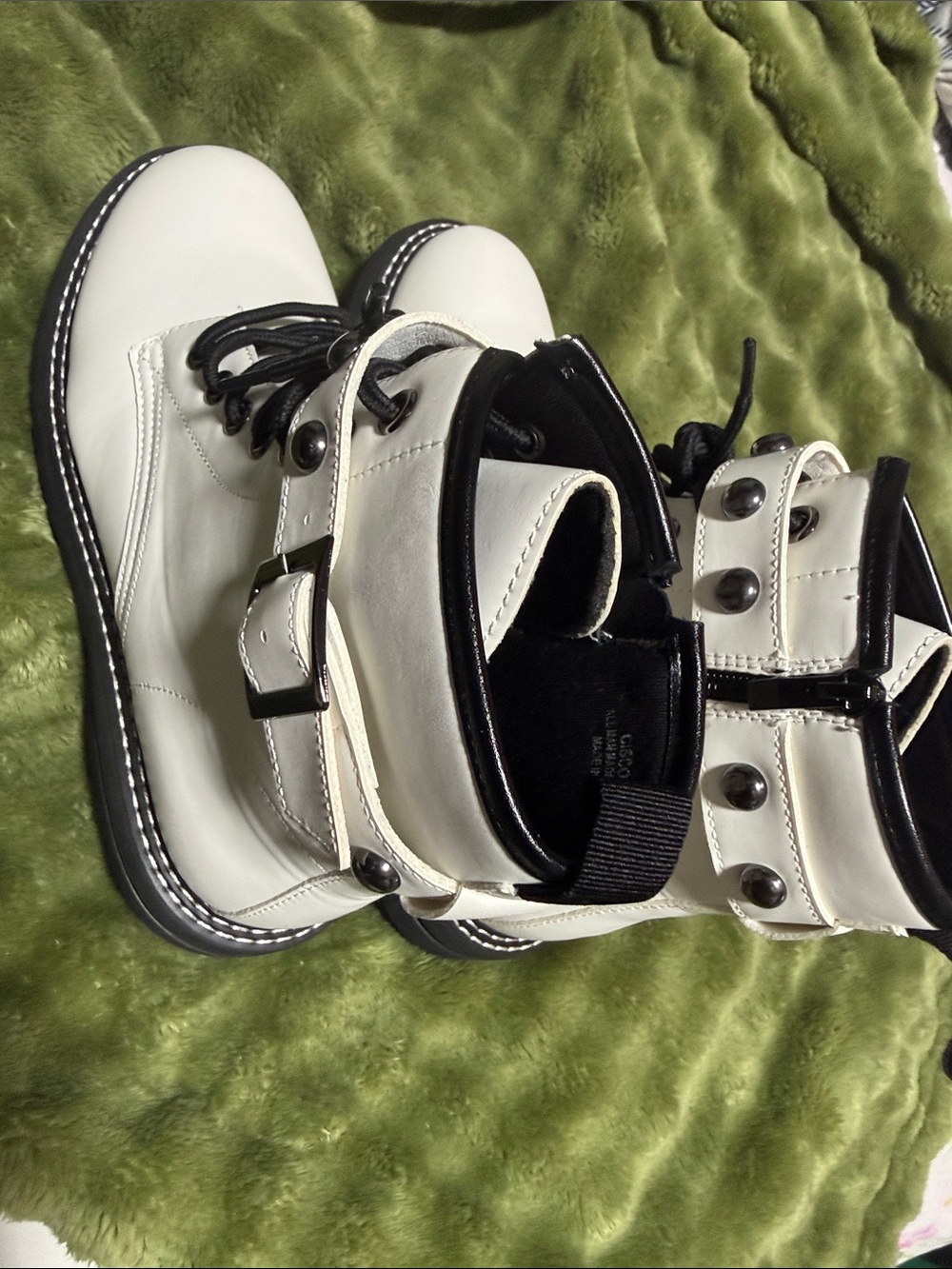 Women’s White Combat Ankle Boots with Black Trim